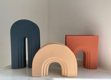 Load image into Gallery viewer, Artifact Home www.artifacthome.ca Art deco ceramic arch vase in terracotta, beige, navy blue for home decor