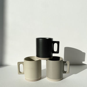 Artifact Home www.artifacthome.ca  Black, grey, beige matte porcelain coffee mug minimalist drinkware homeware