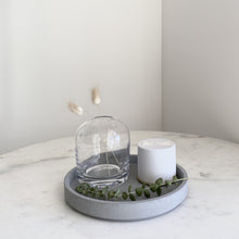 Load image into Gallery viewer, Mouth blown and handblown clear glass bud vase home decor and grey concrete tray styling coffee table
