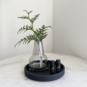Artifact Home www.artifacthome.ca Mouth blown and handblown smoke grey glass vase home decor Scandinavian style and black concrete tray styling