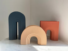 Load image into Gallery viewer, Artifact Home www.artifacthome.ca Art deco ceramic arch vase in terracotta, beige, navy blue for home decor
